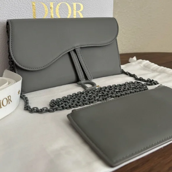 DIOR Ultra Matte Calfskin Leather Saddle Wallet on Chain in Grey - Picture 3 of 10